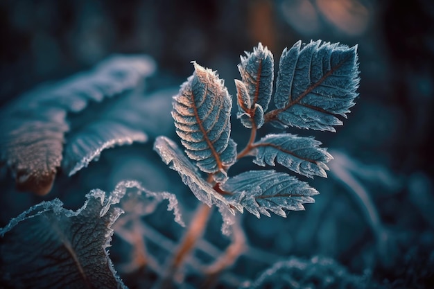 Vue rapprochée d'une feuille couverte de cristaux de gel