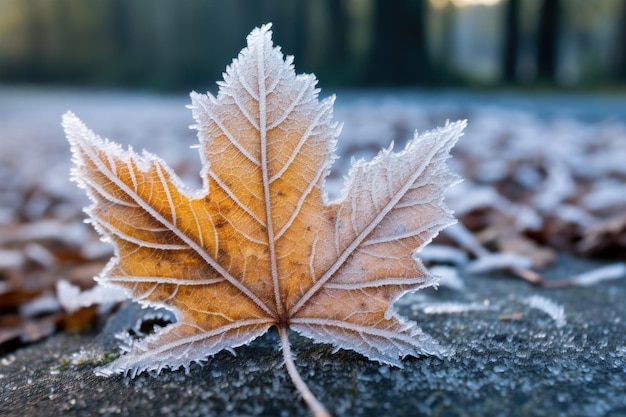 Vue rapprochée d'une feuille d'érable recouverte de gel sur le sol créée avec l'AI générative