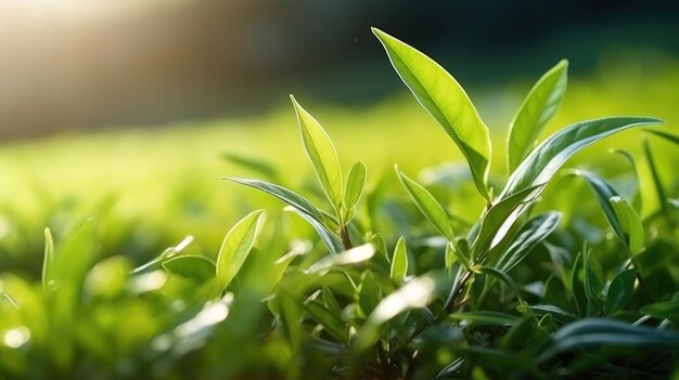 Vue rapprochée de la feuille de thé vert dans la plantation de thé du matin