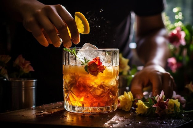 Vue rapprochée de feuilles de thé trempées dans une cruche en verre avec des cubes de glace