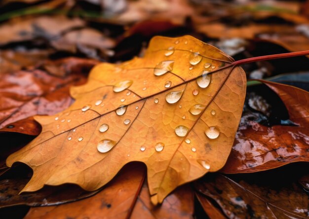 Photo vue rapprochée des feuilles tombées sur le sol en automne couvertes de gouttes de pluie feuille d'érable jaune rouge iso blanc