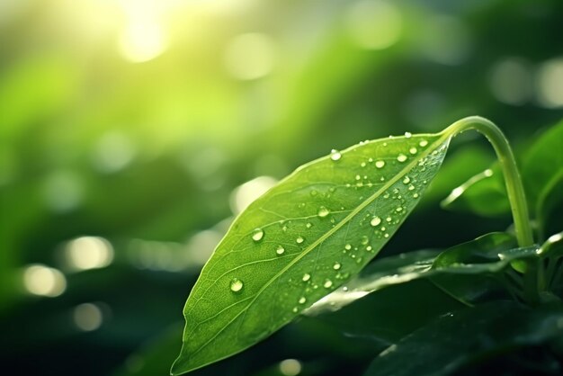 Vue rapprochée des feuilles vertes fraîches avec des gouttes d'eau