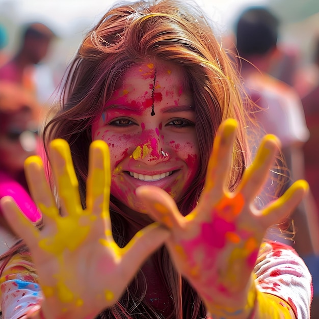 Vue rapprochée d'une fille recouverte de poudre Holi pour une conception de post Holi heureux