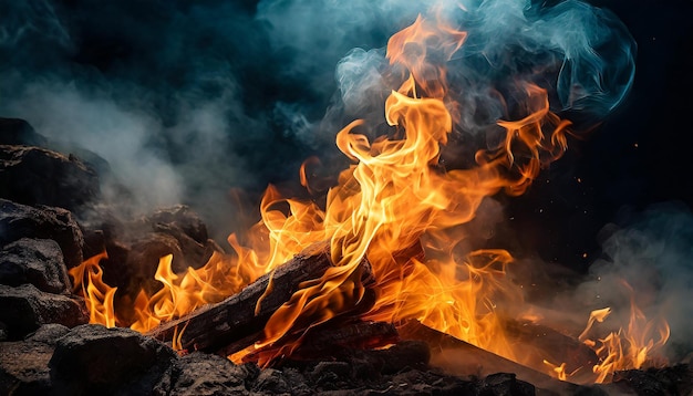 Vue rapprochée des flammes de feu avec de la fumée sur fond noir Flammes intenses