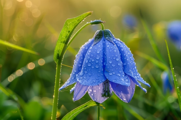 Vue rapprochée d'une fleur de clochette baisée au lever du soleil avec un fond doux et une éruption solaire en