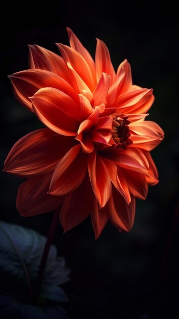 Vue rapprochée d'une fleur de dahlia rouge sur un fond sombre