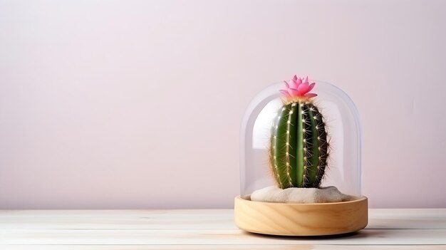 Photo vue rapprochée d'une fleur dans un vase en verre rose et d'un petit cactus dans un dôme sur le côté o ia générative