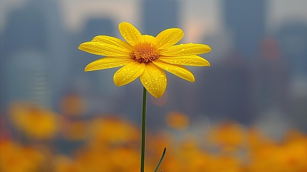 Vue rapprochée d'une fleur jaune recouverte de rosée sur une toile de fond floue de la ville