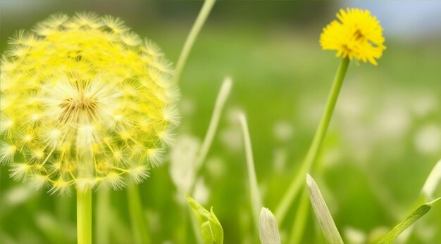 Vue rapprochée de la fleur de pissenlit dans la nature pour le printemps et l'herbe de jardin d'arrière-plan naturel par l'IA générative