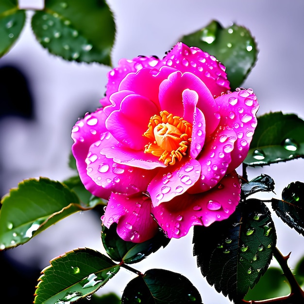 Vue rapprochée de la fleur de rose le matin avec des gouttes de rosée.