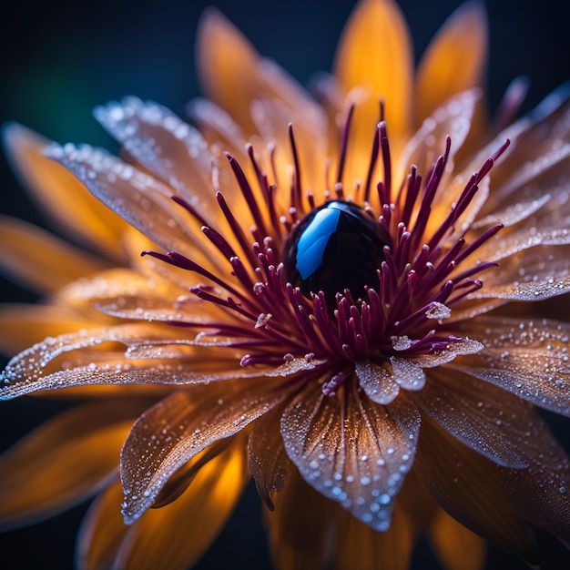 Vue rapprochée d'une fleur violette et orange aux couleurs vives avec des gouttes de rosée scintillantes sur les pétales