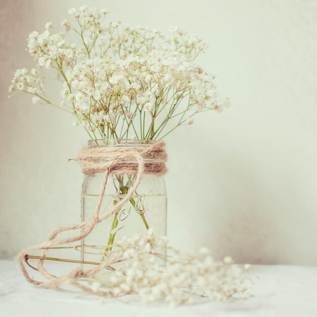 Photo vue rapprochée de fleurs blanches dans un vase sur la table