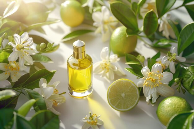 Vue rapprochée des fleurs de branches de citron et de la bouteille de parfum