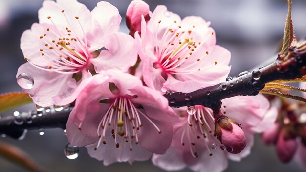 Photo vue rapprochée des fleurs de cerises roses sur un fond sombre