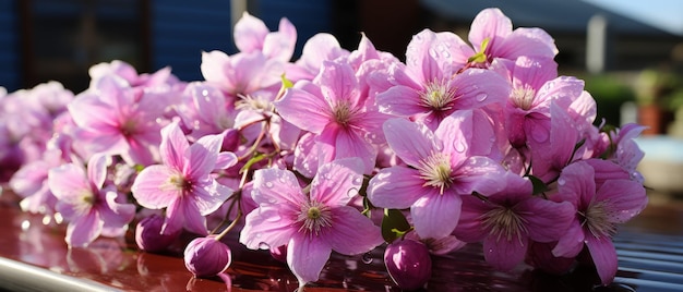 Vue rapprochée des fleurs de clématite violette avec des gouttes d'eau