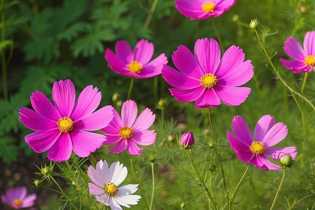 Vue rapprochée des fleurs de cosmos roses dans le jardin à l'arrière-plan naturel