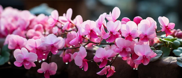 Vue rapprochée des fleurs de cyclamen rose avec des gouttes d'eau