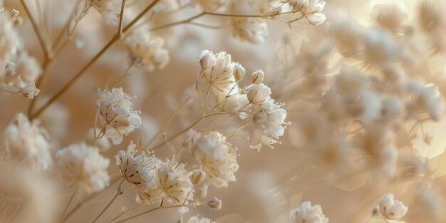 Vue rapprochée des fleurs délicates et blanches de Baby39s dans une lumière douce et chaude