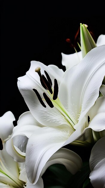 Photo vue rapprochée des fleurs de lys blancs sur fond noir