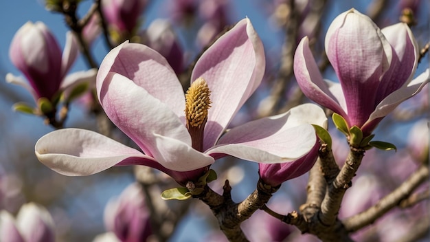 Vue rapprochée des fleurs de magnolia roses en fleurs