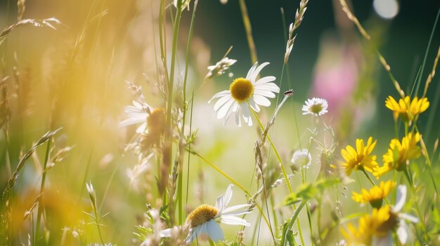 Vue rapprochée des fleurs sauvages effet bokeh de la lumière du soleil prairies vibrantes arrière-plan naturel