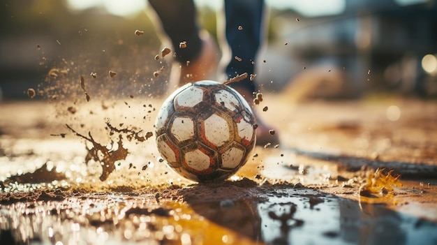 Vue rapprochée d'un footballeur déterminé qui donne un coup de pied au ballon