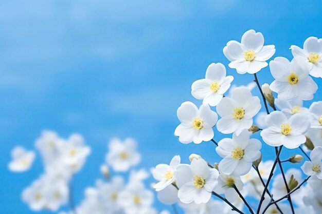 Vue rapprochée de la forêt de printemps Fleurs blanches Primrose sur un beau fond bleu avec doux