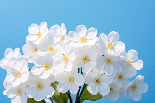 Vue rapprochée de la forêt de printemps Fleurs blanches Primrose sur un beau fond bleu avec doux