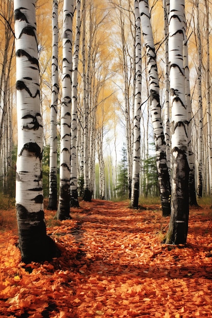 Photo vue rapprochée des forêts, des lots, des arbres, des feuilles de bouleau, des chemins de couleur cramoisi, blanc, rustique, énorme, sécurisé, sorcier.