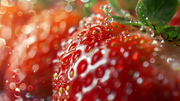 Photo vue rapprochée d'une fraise fraîche mûre avec des gouttes d'eau sur sa surface la fraise est rouge et juteuse avec une saveur douce et légèrement aigre