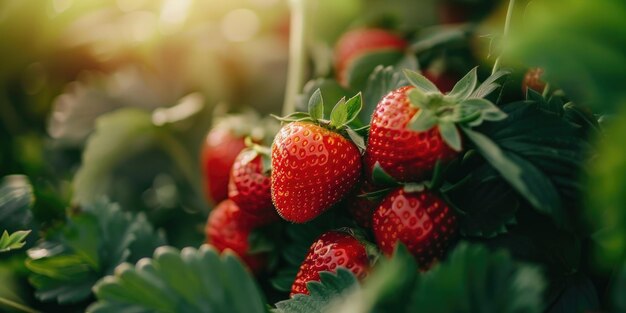 Photo vue rapprochée des fraises qui poussent sur le champ