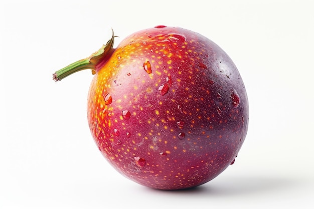 Vue rapprochée d'un fruit de la passion frais avec des gouttelettes d'eau sur un blanc Vue détaillée d'une fruite mûre