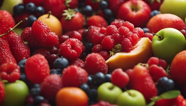 Vue rapprochée de fruits et baies frais assortis, y compris les framboises, les bleuets, les pommes et les cerises