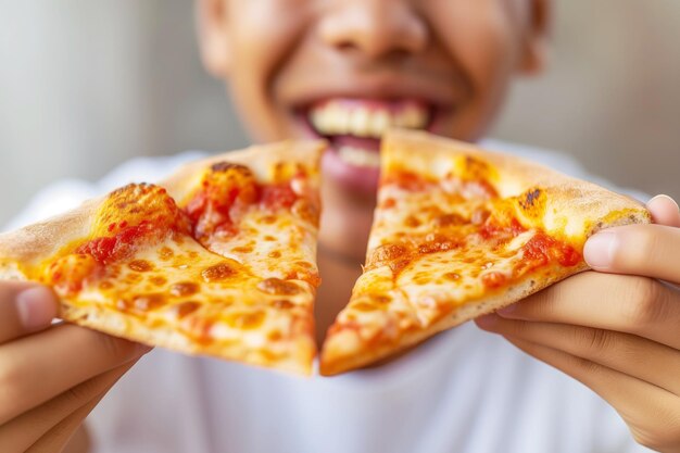 Photo vue rapprochée d'un garçon noir tenant une tranche de pizza dans ses mains