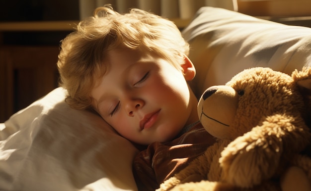 Photo vue rapprochée d'un garçon qui dort avec un ours en peluche