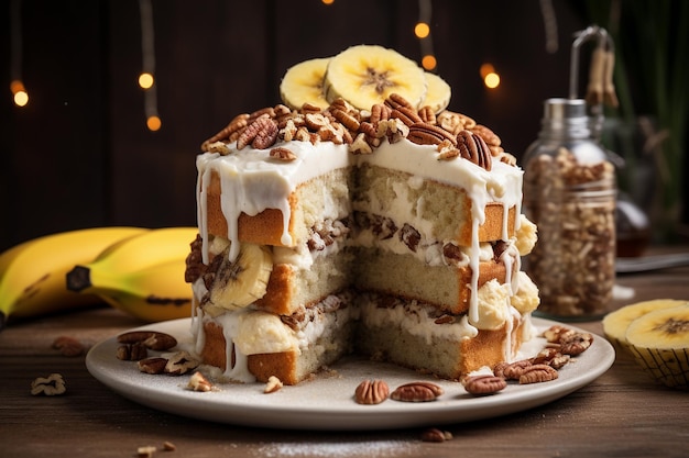 Vue rapprochée d'un gâteau de colibri avec des bananes, des ananas et des noix de pécan