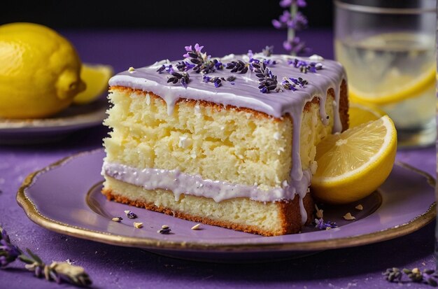 Photo vue rapprochée d'un gâteau de limonade à la lavande avec des tranches de citron