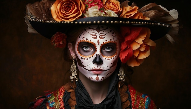 vue rapprochée de Girl in mask pour une fête mexicaine traditionnelle du jour des morts. IA générative