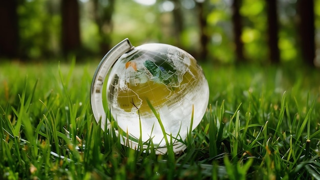 Vue rapprochée d'un globe de cristal reposant sur l'herbe dans une forêt