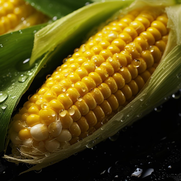 Photo vue rapprochée d'une gousse de maïs avec des gouttes d'eau sur les grains