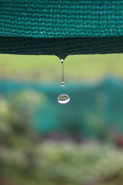 Vue rapprochée des gouttes d'eau qui tombent du tissu pendant la saison des pluies