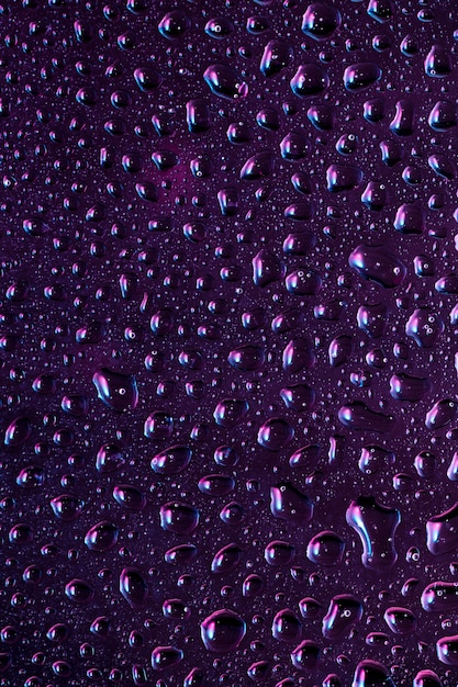 Vue rapprochée de gouttes froides sur le verre de fond de bière. Texture de boisson alcoolisée rafraîchissante avec des macro-bulles sur le mur de verre. Fizzing ou flottant jusqu'au sommet de la surface. Couleur violet foncé.