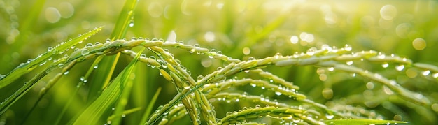 Vue rapprochée des gouttes de rosée sur un riz vert dans un rizière humide