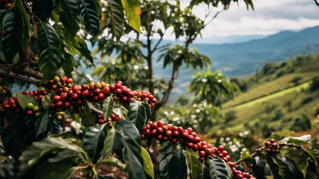 Vue rapprochée des grains de café et des caféiers