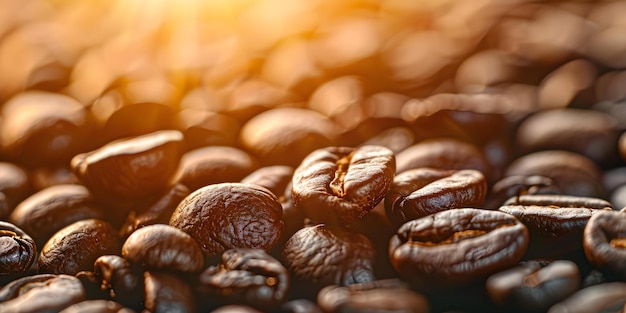 Vue rapprochée de grains de café plump au sommet d'une branche à la lumière du soleil Concept Grains de café rapprochement Éclairage naturel Lumière du soleil plump