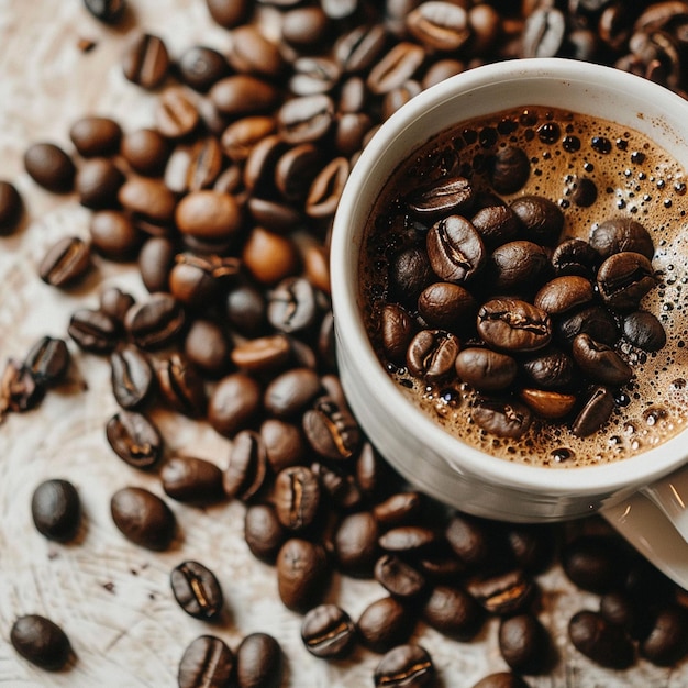 Vue rapprochée des grains de café et de la tasse de café