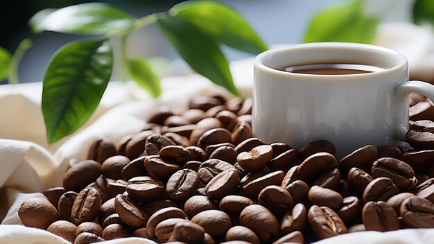 Vue rapprochée des grains et des feuilles de café