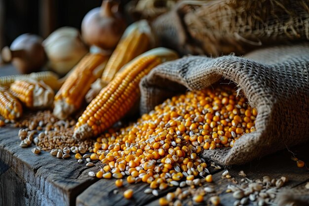 Vue rapprochée de grains de maïs frais et de graines de maïs sur fond de bois