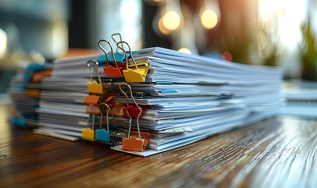 Photo vue rapprochée d'une grande pile de papiers avec des pinces sur un bureau en bois