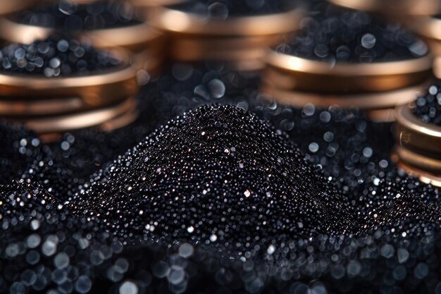Vue rapprochée d'une grappe de caviar noir avec ses perles noires brillantes et ses membranes délicates